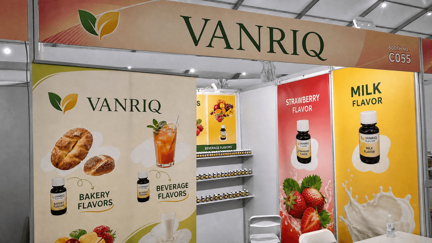 Vanriq food flavor sample booth with bakery, beverage, fruit and dairy displays
