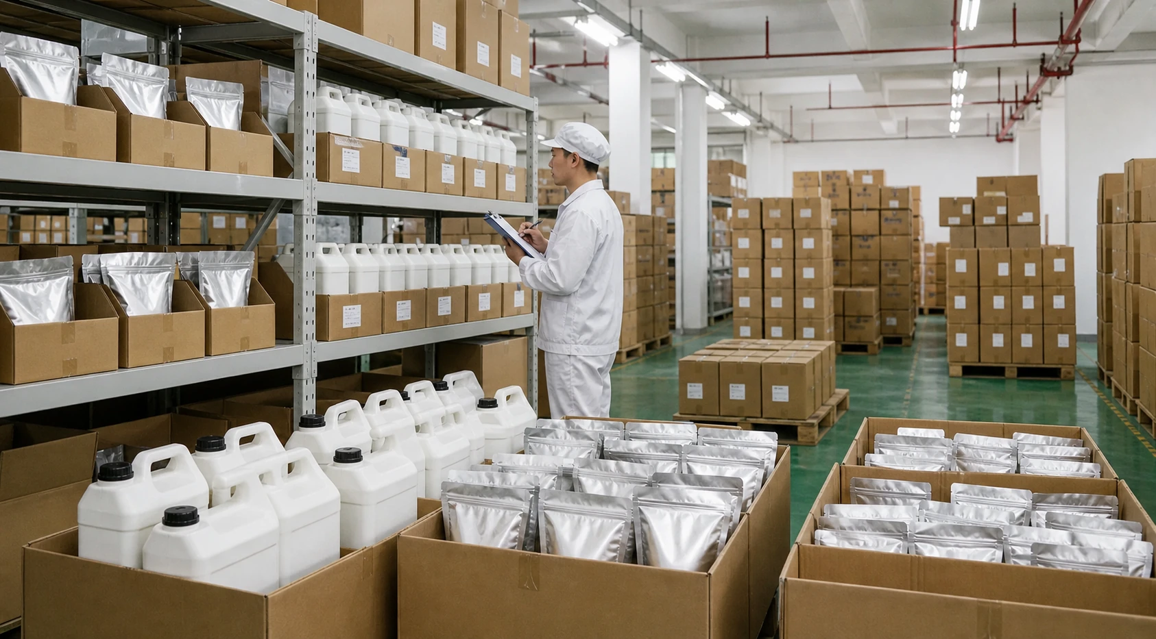 Finished liquid and powder food flavors organized in food-grade warehouse storage