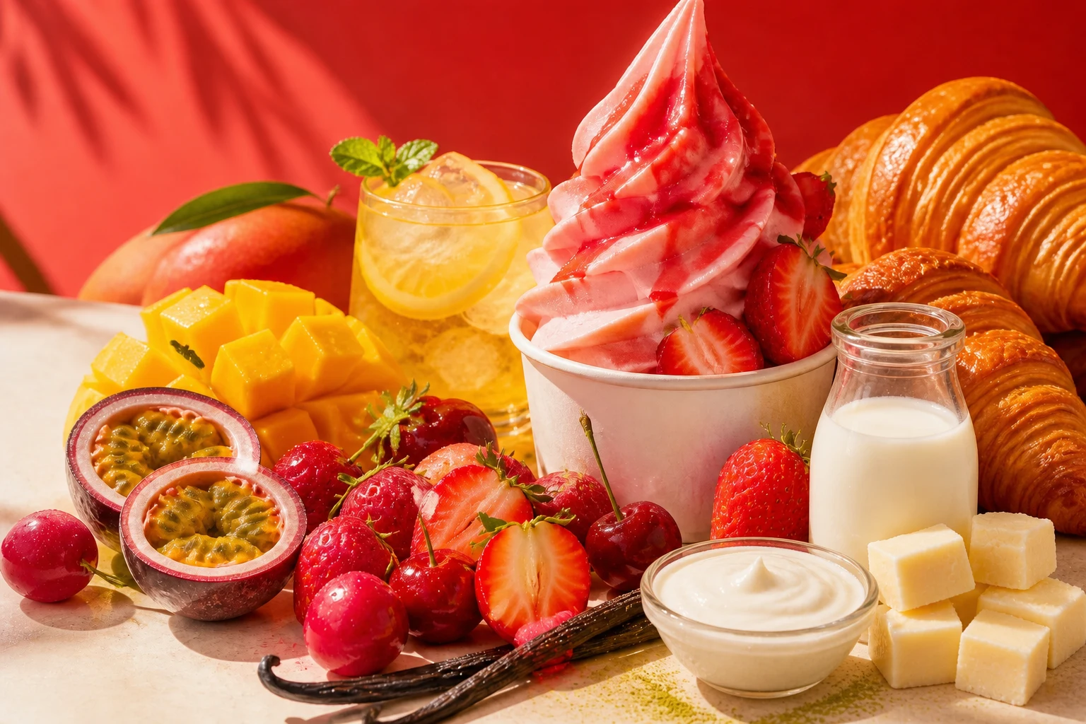 Colorful food flavor spread with fresh milk, yogurt, cheese, strawberry soft serve, mango, passion fruit, citrus drink and croissants
