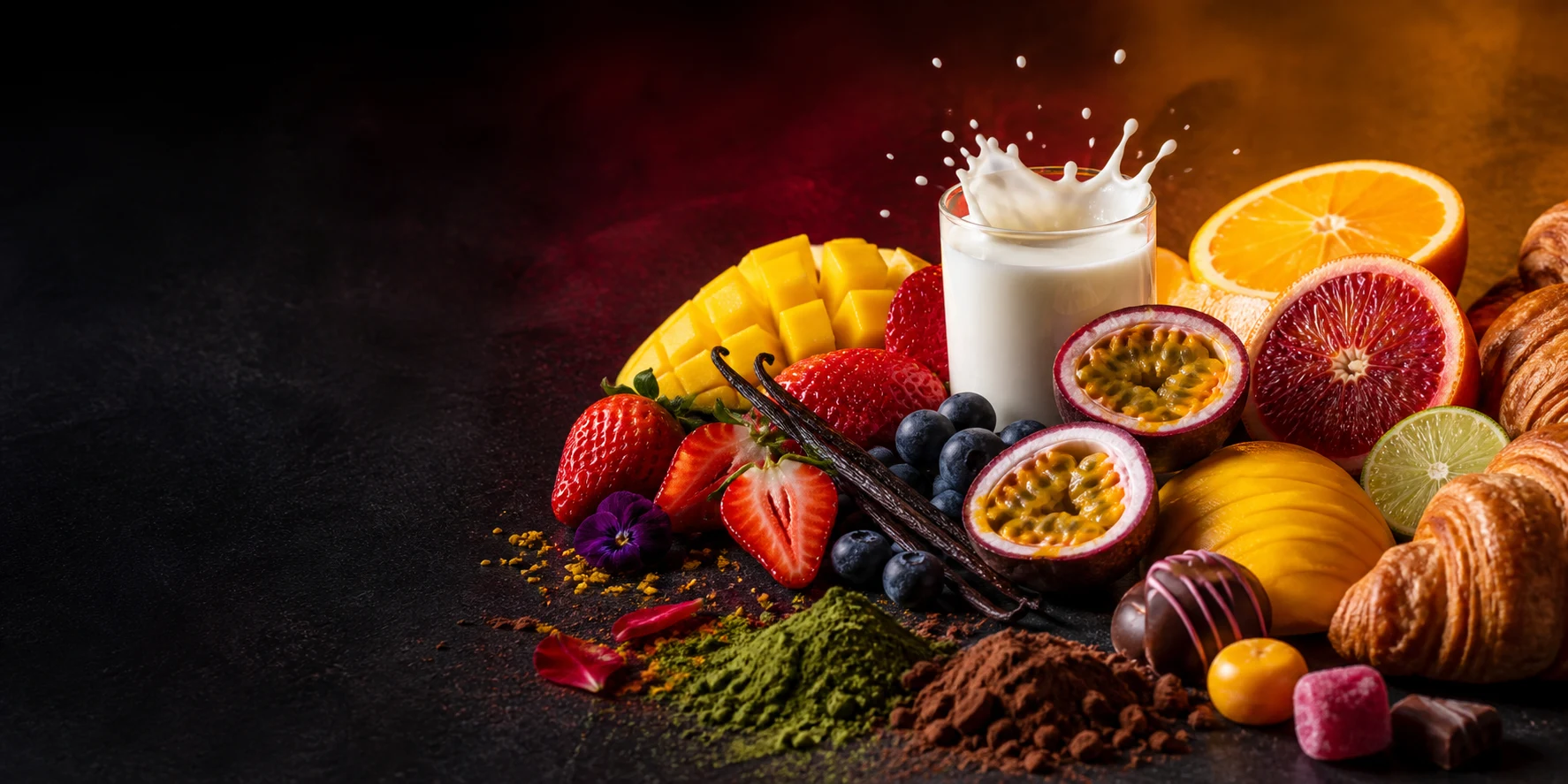 Strawberry, mango, citrus, milk, vanilla, matcha, cocoa and bakery ingredients arranged as a colorful flavor palette