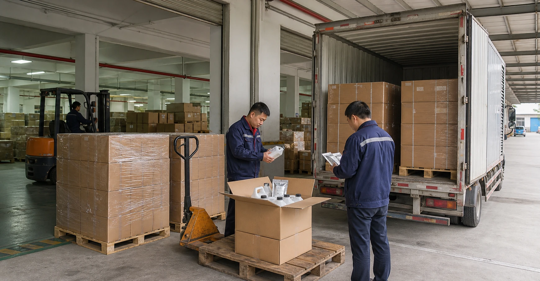 Packaged food flavors checked and loaded for outbound road freight