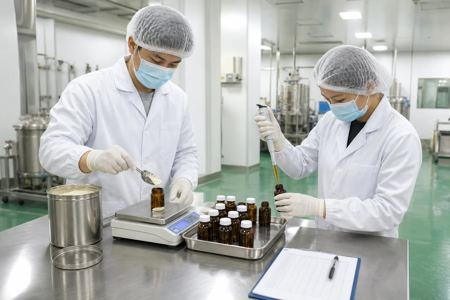 Technicians manually weighing and dispensing small-batch food flavor evaluation samples