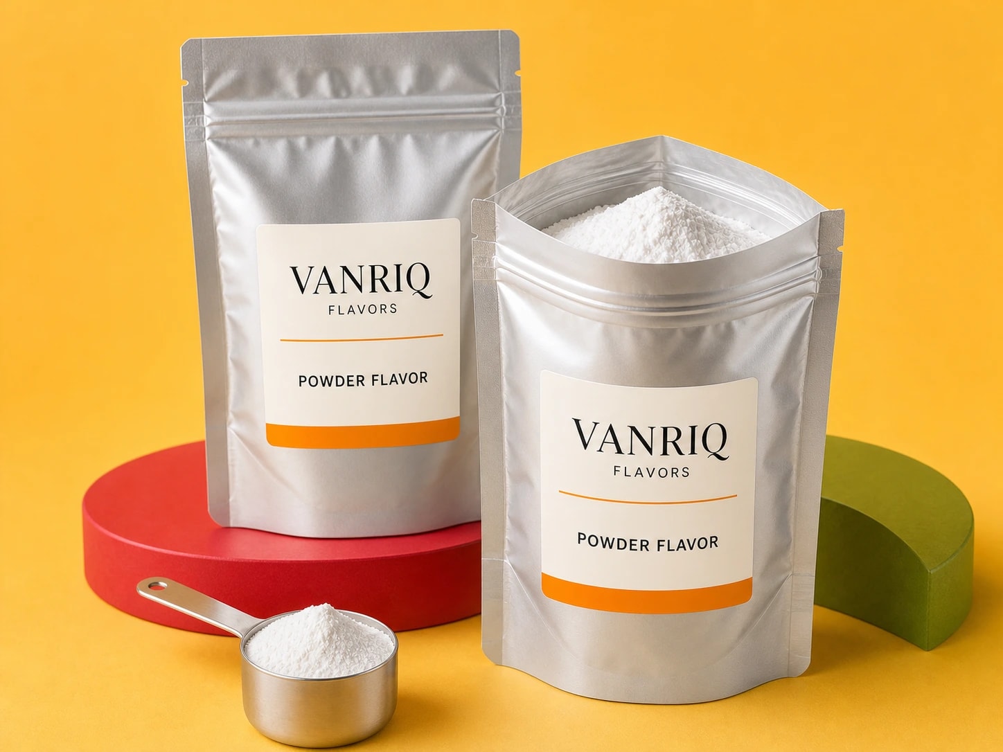 Vanriq branded powder flavor pouches with fine white powder and a measuring scoop