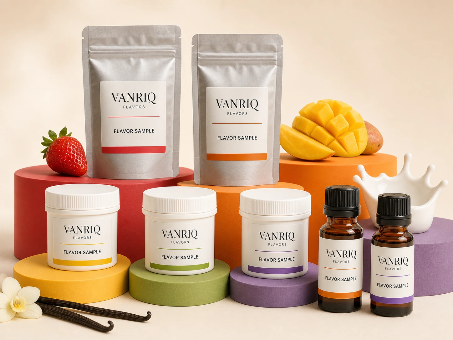 Vanriq flavor sample collection with branded powder pouches, sample jars and liquid bottles