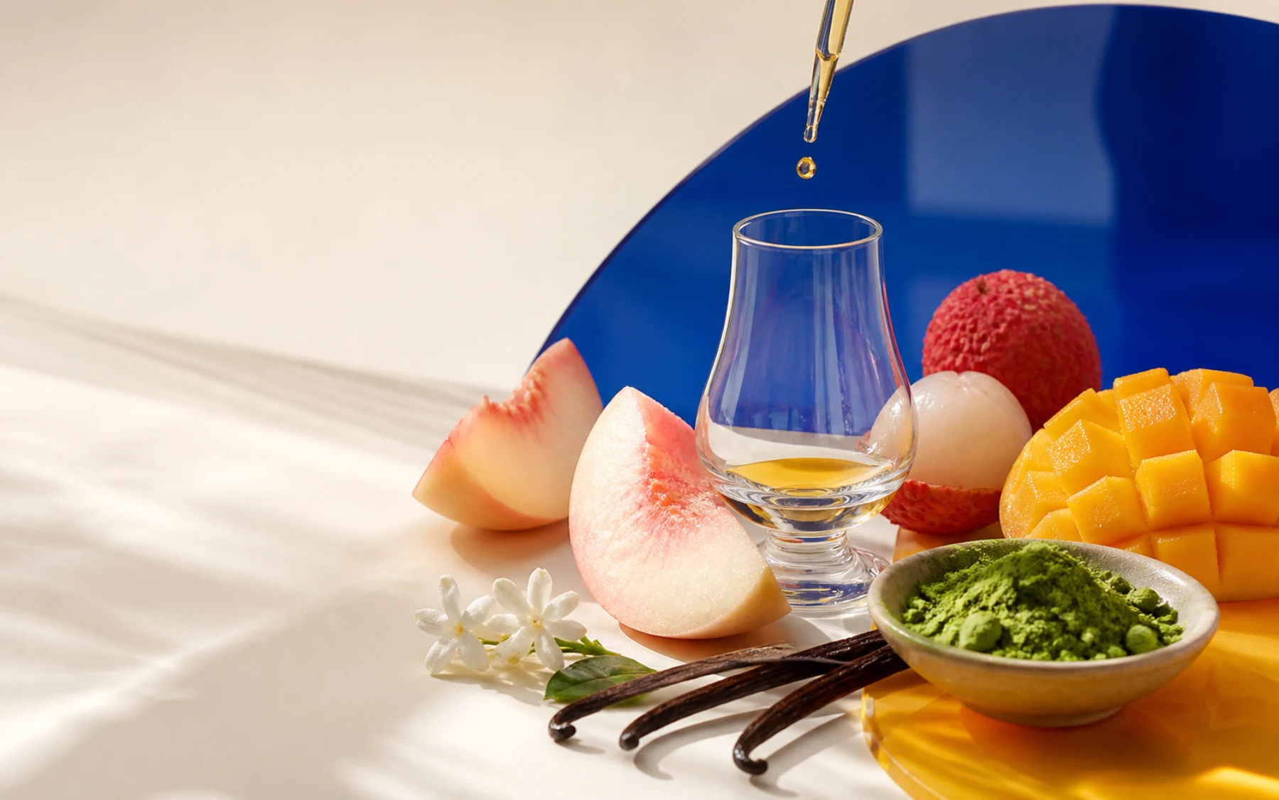 White peach, lychee, mango, matcha and a flavor development vessel